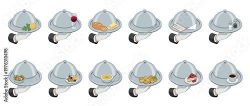 Gloved hands holding silver serving cloches with a variety of food and dining items, illustrating restaurant service and catering.