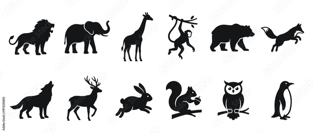 Fototapeta premium Collection of various wild animal silhouettes including lion, elephant, giraffe, monkey, bear, fox, wolf, deer, rabbit, squirrel, owl, and penguin.