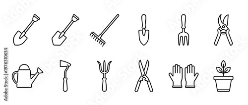 Gardening tools collection featuring various essential equipment for planting, cultivating, and maintaining a beautiful garden space