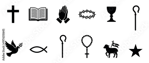 Christian religious symbols collection featuring various spiritual icons representing faith and worship in a graphic vector style.