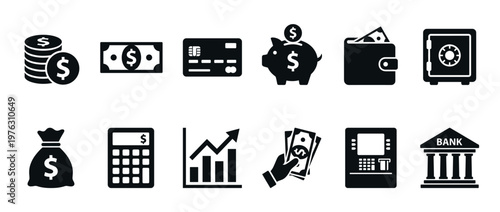 Financial icons set illustrating money and banking elements such as coins, banknotes, credit cards, piggy banks, wallets, safes, money bags, calculators, growth charts, and ATMs.