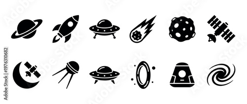 Space icons set featuring planets, rockets, UFOs, satellites, and celestial bodies for astronomy and science designs.