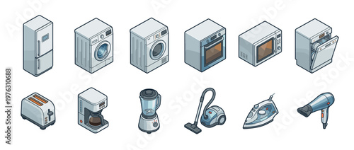 Household appliances isometric icon set featuring various modern electronic devices for kitchen, laundry, and home cleaning in a clean vector illustration style.