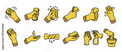 Cartoon illustration set of hands in yellow rubber gloves performing various cleaning actions with sponges, a spray bottle, and a bucket.