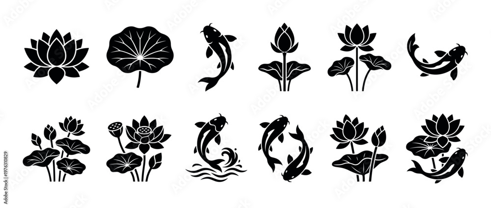Fototapeta premium Collection of elegant black lotus flower and koi fish silhouettes, featuring various aquatic plant elements and swimming carp icons.