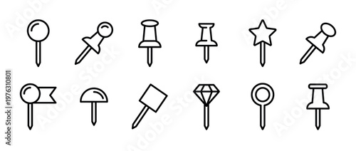 Collection of outline icons featuring various pushpins, thumbtacks, and map pins for office and stationery design elements.