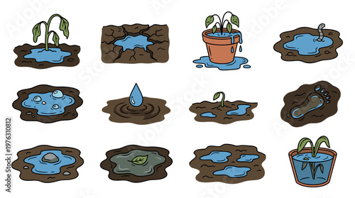 Cartoon illustrations of various puddles and mud with elements like plants, a worm, a footprint, and a water drop, depicting natural outdoor scenes.