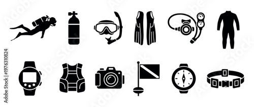 Scuba diving equipment icons set featuring various essential gear for underwater exploration and adventure.