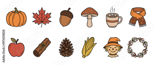 Autumn fall harvest elements collection featuring seasonal symbols and cozy items for Thanksgiving and Halloween designs.