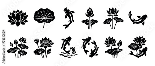 Collection of elegant black lotus flower and koi fish silhouettes, featuring various aquatic plant elements and swimming carp icons.
