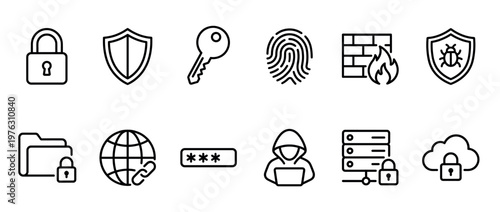Security icons set featuring various cybersecurity symbols like locks, shields, keys, fingerprints, and firewalls for digital protection concepts.