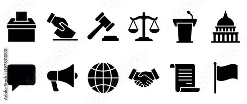 Government and politics icons set in black silhouette style representing democracy, justice, and communication concepts.