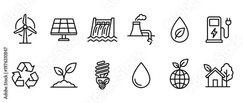 Ecology icons, renewable energy, and environmental protection symbols representing sustainable living, green technology, and natural resource conservation for a better future.