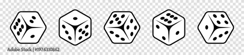 Dice icon set. Casino, Poker, Gambling, Board games concept. Playing dices vector sign. Isolated on a png transparent background.