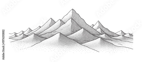Stylized black and white mountain range with stippled shading peaks landscape