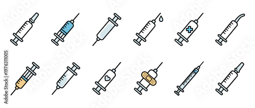 Syringes icons set in a flat outline design, representing various medical injections, vaccinations, and healthcare procedures.