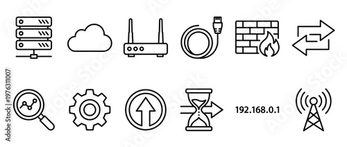 Networking and data technology icons set featuring server, cloud, router, firewall, and wireless communication symbols.