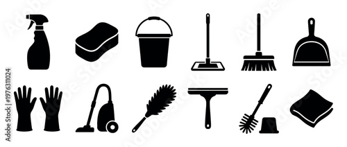 Cleaning tools and supplies icon set featuring various household sanitation equipment for domestic chores and hygiene maintenance.