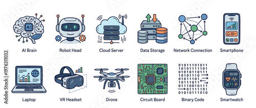 Modern technology icons collection featuring artificial intelligence, robotics, cloud computing, data storage, networking, mobile devices, virtual reality, drones, and smart wearables.