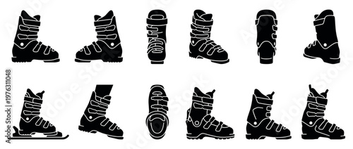 Ski boots winter sports footwear collection in various views and angles, including one ice skate boot, for cold weather activities.