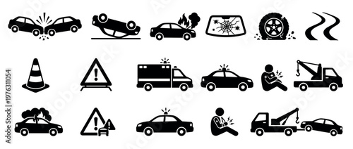 Car accident and road safety icons set, including emergency vehicles, warning signs, and various vehicle damage symbols.