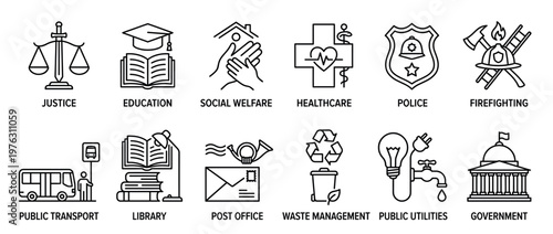 Public services and government functions line icons set illustrating essential community support, infrastructure, and civic responsibilities.
