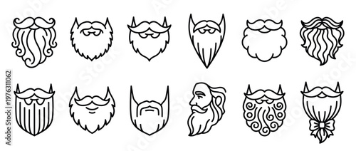 Various styles of beards and mustaches line art icons set, representing different facial hair designs for men's grooming and fashion.