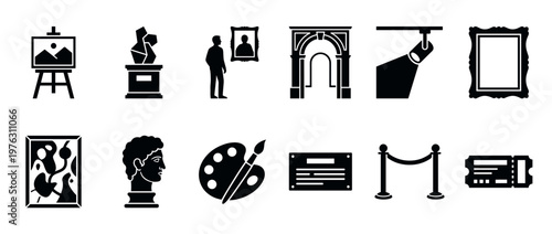 Art museum exhibition gallery icons set featuring various symbols like paintings, sculptures, frames, and tickets for cultural events.