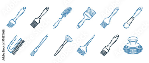 Collection of various brushes illustration set featuring different shapes and sizes for painting, cleaning, and cosmetic applications.