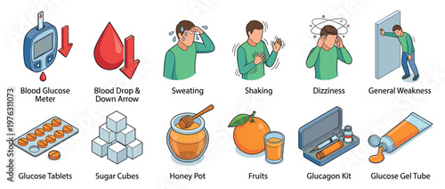 Hypoglycemia symptoms and treatments are illustrated with a blood glucose meter, sweating, shaking, dizziness, and various sugar sources.