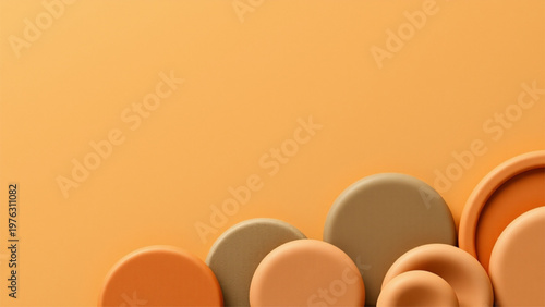 Row of blank beige cosmetic jars on warm peach background minimal product display