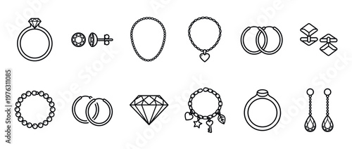 Jewelry accessories collection icons set featuring rings, necklaces, earrings, bracelets, and gems in a modern outline style.