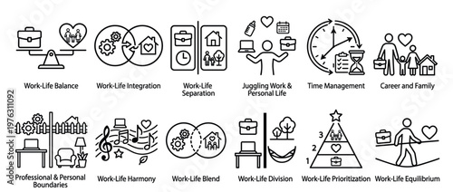 Work-life concept icons illustrating balance, integration, separation, and prioritization for professional and personal well-being.