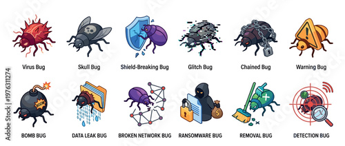 Cybersecurity bug icons set illustrating various digital threats like viruses, ransomware, data leaks, and network issues in a cartoon style.