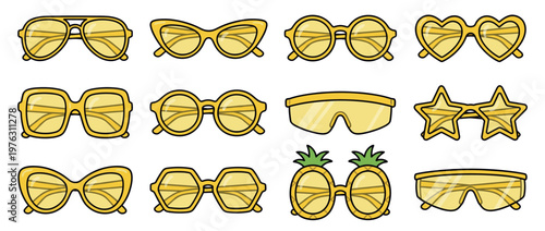 Yellow sunglasses collection with various shapes and styles, perfect for summer fashion and fun accessories and eye protection.