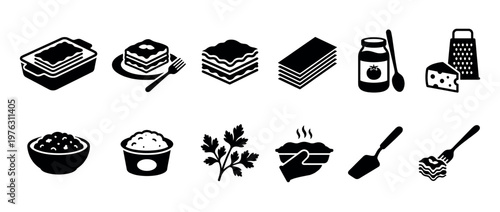 Lasagna preparation and serving icons set featuring various ingredients, cooking tools, and finished dishes for Italian cuisine concepts.