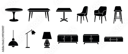Modern furniture and lighting icons set featuring various tables, chairs, lamps, and cabinets for interior design concepts.