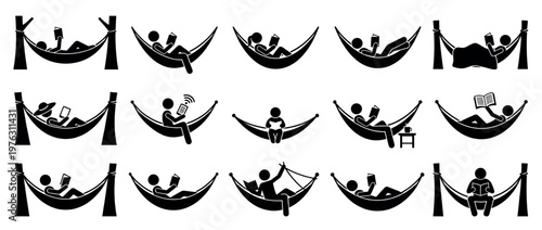 Collection of stick figures relaxing and reading in hammocks, enjoying leisure time and comfort in various poses.