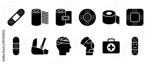 Medical supplies and first aid icons illustrating various injury care items like bandages, gauze, tape, arm sling, and a first aid kit.