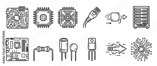 Electronic components and computer hardware icons in a collection of line art illustrations representing technology and data processing.