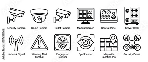 Security and surveillance technology icons including cameras, monitor, control panel, server rack, network signal, warning, fingerprint, eye scanner, map, and drone.