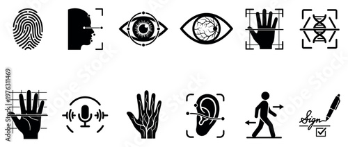 Biometric identification icons set featuring various human characteristics for secure authentication and personal data access control systems.