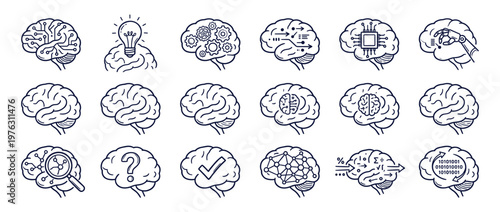Brain icons representing various aspects of human intelligence, artificial intelligence, creativity, and problem-solving processes.