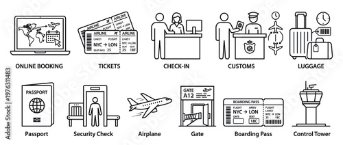 Airport travel aviation icons set illustrating various stages of air journey from online booking to customs and boarding procedures.