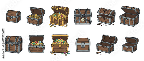 Treasure chests collection featuring various wooden boxes, some filled with gold coins and jewels, others empty, broken, or secured with chains.
