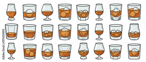 Collection of various whiskey glasses filled with amber liquid, some containing ice cubes or spheres, showcasing different styles for spirits.
