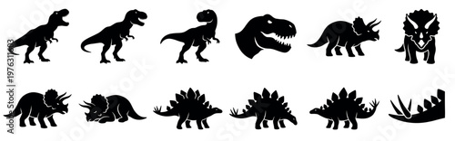 Various dinosaur silhouettes including Tyrannosaurus Rex, Triceratops, and Stegosaurus in a collection of prehistoric animal icons.