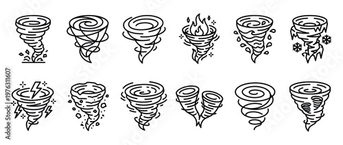Tornadoes and whirlwinds icons set illustrating various natural disaster weather phenomena like fire, water, lightning, and snow storms.