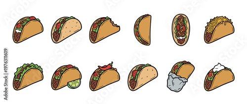 Delicious cartoon tacos with various fillings and toppings, perfect for illustrating Mexican cuisine or fast food concepts.