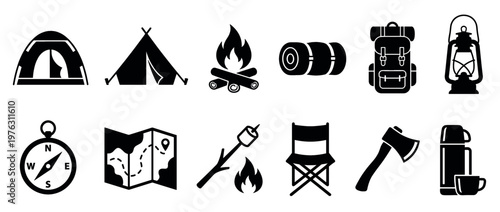 Camping icons set featuring various outdoor adventure equipment and wilderness exploration tools in a modern silhouette style.